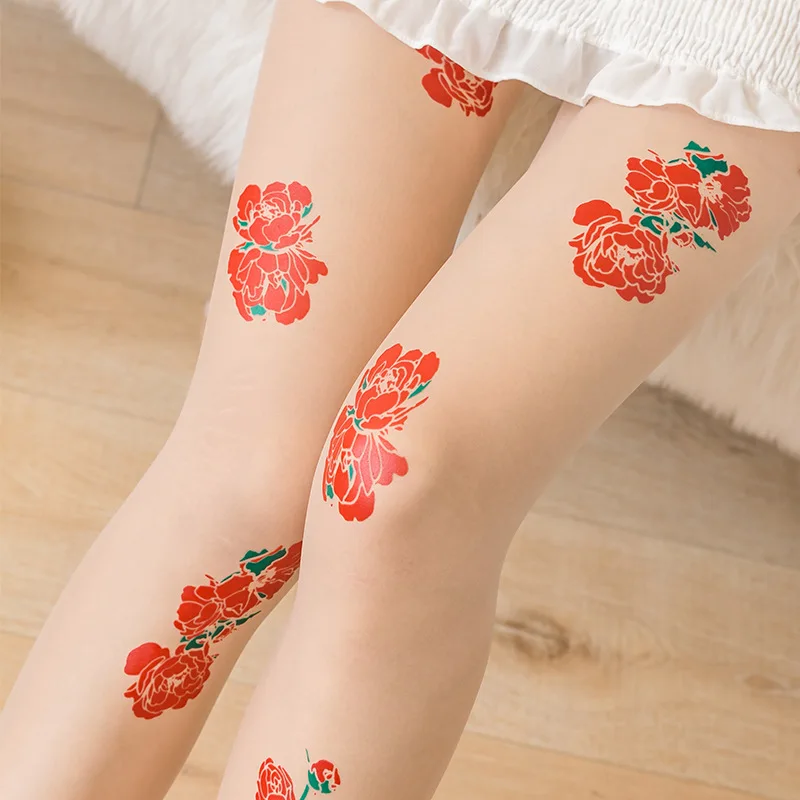 

New Hand-Printed Women Pantyhose Rose Peony Flower Pattern Fashion Tights Facial Mask Sexy Creative Pantyhose Female