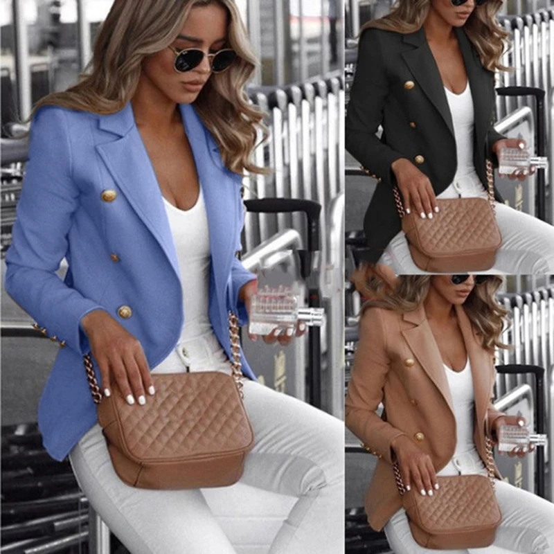 

2021 New Designer Blazer Women's Double Breasted Buttons Slim Fitting Gorgeous Blue Khaki Blazer Jacket