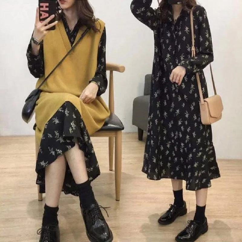 

Plus size women's clothing autumn and winter 2021 fashion suit new cover belly was thin sweater sweater dress two-piece suit