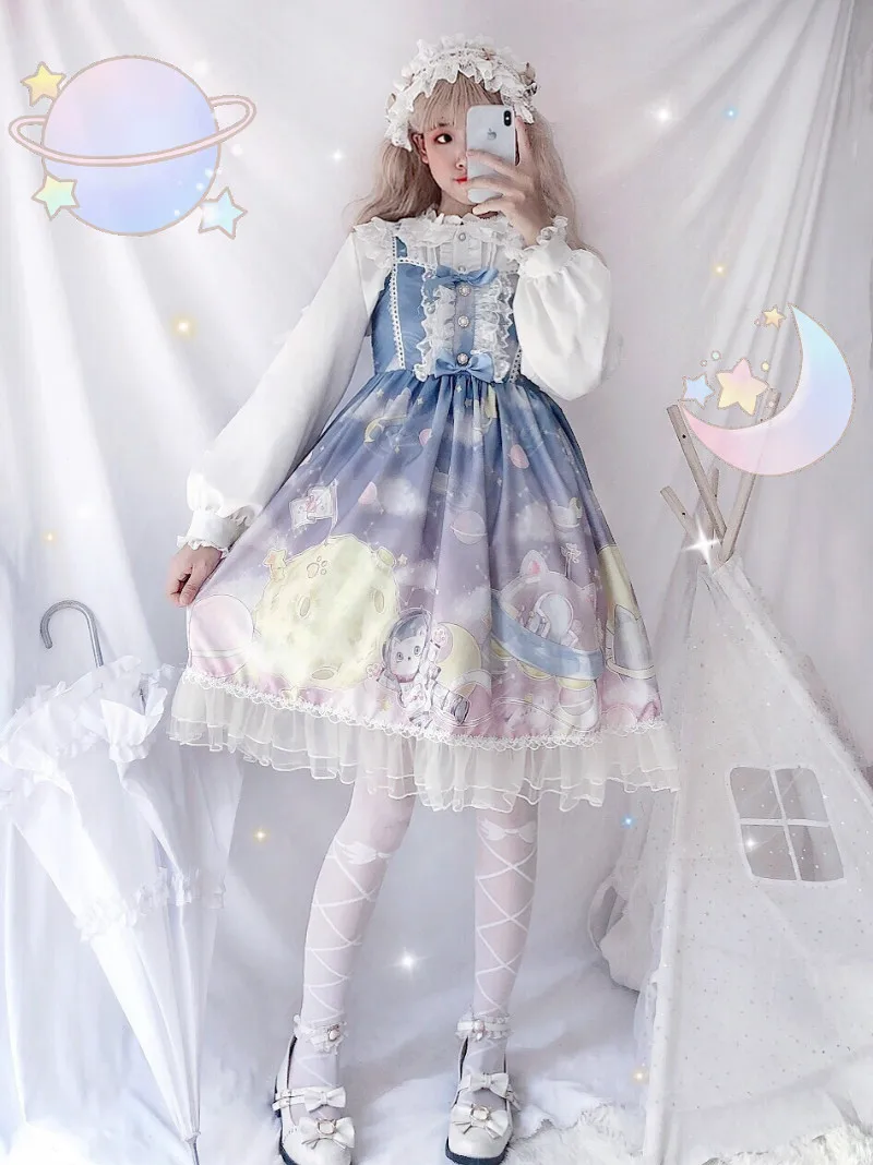 Платье в стиле Лолиты; милое платье в японском стиле Kawaii; платье принцессы для девочек в винтажном готическом стиле; кружевная розовая летняя юбка с принтом