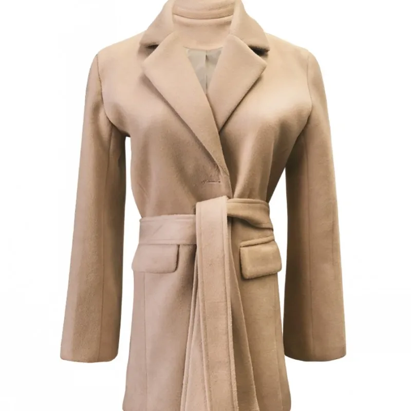 

Fashion Womens New Thicken Woolen Coat Office Lady Single Breasted Pockets Turn-Down Collar Adjustable Waist Elegant Jackets