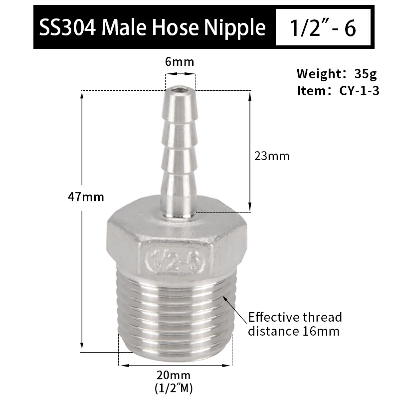 

Barb Pipe Fitting 1/2'' Connector For 6mm 8mm 9.5mm 12mm 15mm 19mm To 25mm Hose Stainless Steel 304 Pagoda Water Tube Fittings