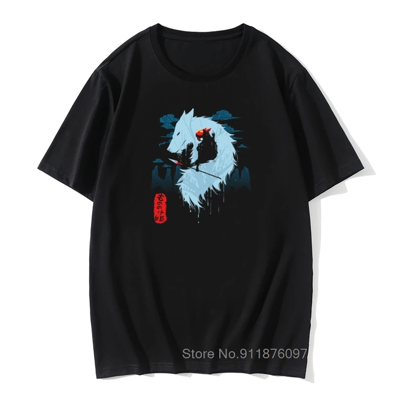 

Tops Tees Princess Mononoke T-shirt Men Slim Fit T Shirts Forest Spirit Japan Anime Design Tops Tees Cotton Retro Black Tshirt