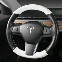top interior microfiber black with white leather steering wheel hand stitch on wrap cover for tesla model 3 2017 2020
