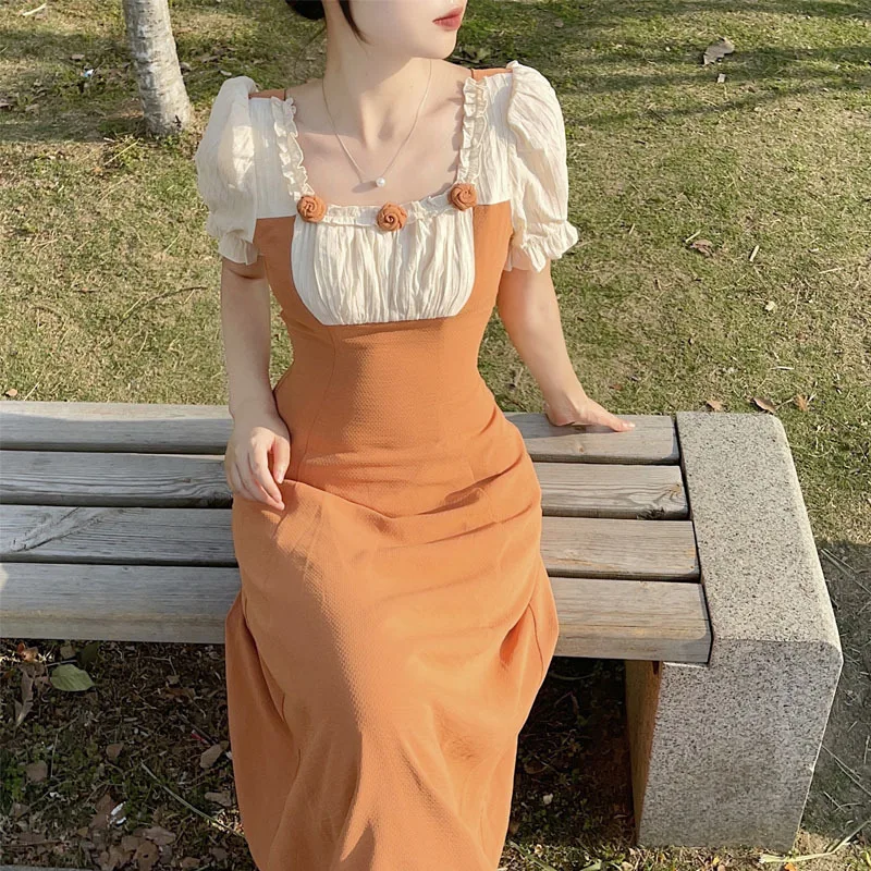 

French Retro Flower Square Neck Stitching Puff Sleeve Dress A-line Skirt