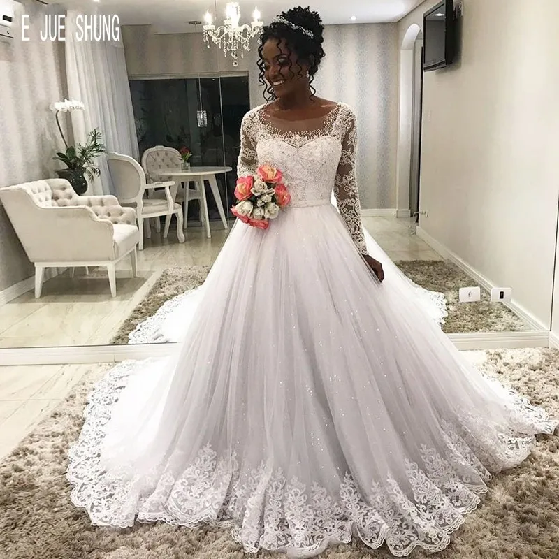 

E JUE SHUNG Shiny African Wedding Dresses Scoop Neck Long Sleeves Button Back Lace Appliques Sashes robe de mariee Wedding Gowns