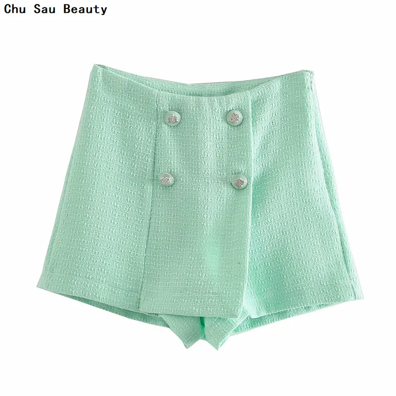 

Chu Sau Beauty Women's Retro Double Button Solid Color Tweed Shorts Fashion Spring And Autumn Side High Waist Zipper Suit Pants
