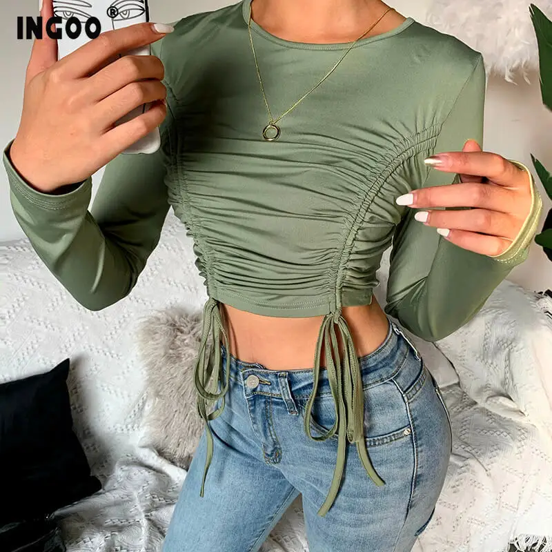 Женская футболка с длинными рукавами и рюшами INGOO Весенняя повседневная