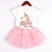 childrens suits girls clothes set summer new magical unicorn pattern white t shirt lace skirt cute childrens wear 3 7y