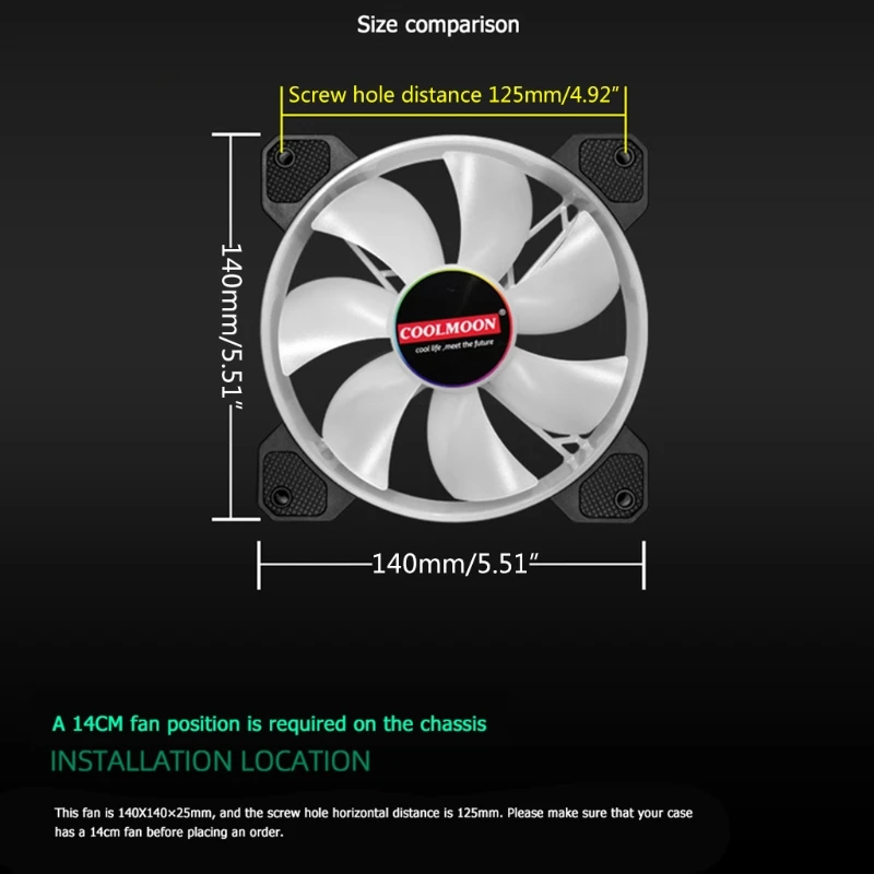 

COOLMOON Yuhuan 140mm Cooling Fan Mute RGB 6Pin Desktop Computer Cooler W3JD