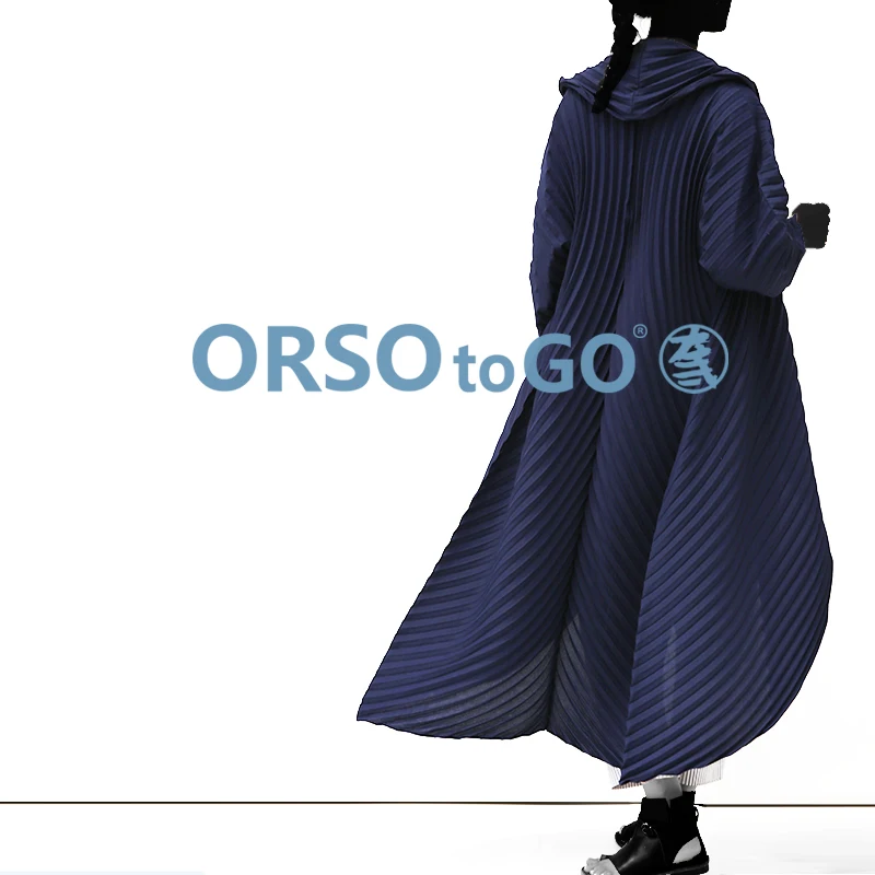 Фото Осенняя модель модные однотонные длинные плиссированные пальто Miyake с ремнем в