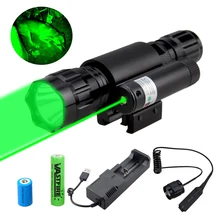 501B Tactical Green/Red/White LED Flashlight With Green Laser Dot Sight Hunting Torch+Gun Mount Rail+Switch+18650+CR2+Charger
