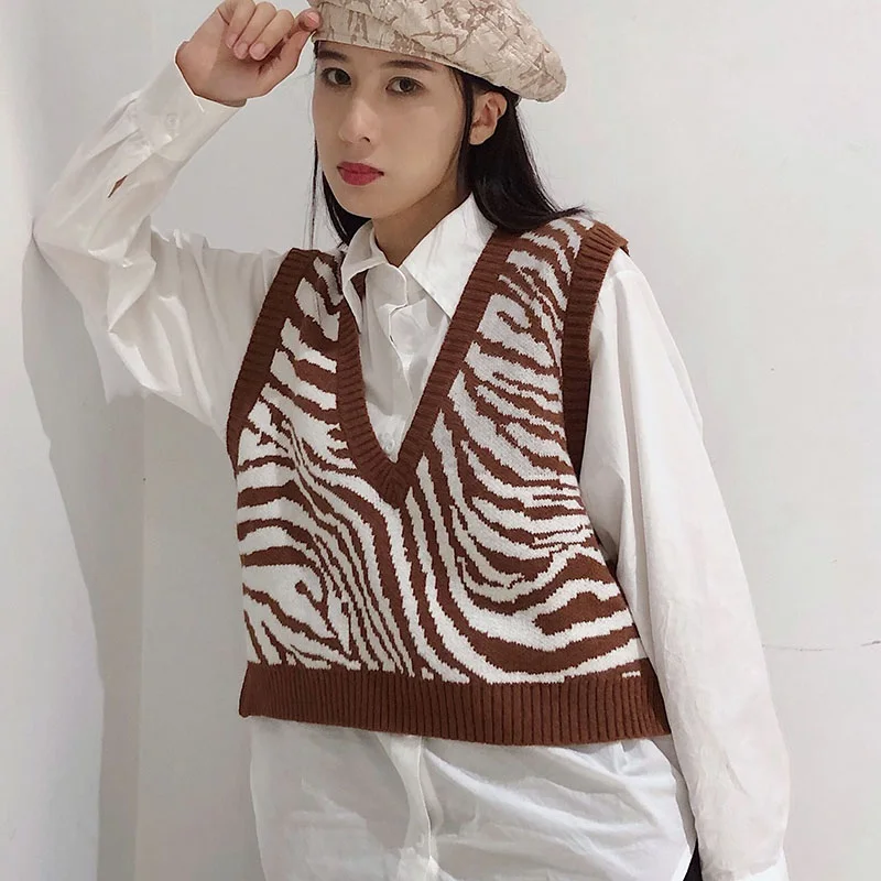 

Winter Zebra Pattern Printed Sweaters Vest Women Knitted Loose Sweater Female Chaleco Punto Mujer Pullover Vest Femme Ropa Mujer