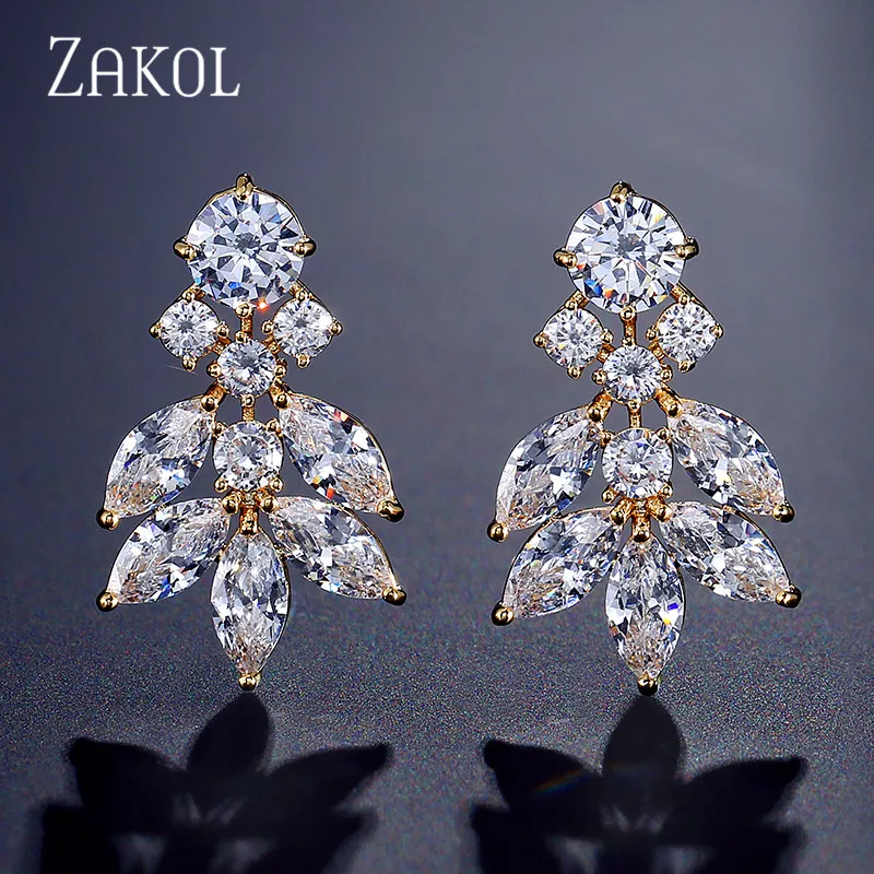 ZAKOL, элегантные серьги с кубическим цирконием, цветами, листьями, свадебные ювелирные изделия, для женщин, для свадьбы, ужина, вечерние, ужина, подарок на день рождения, FSEP2240 - Окраска металла: Gold Color