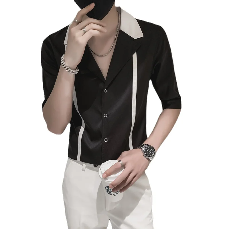 

2021 New Fashion Mens Casual Shirts Summer High Street Style Young Men Stitching Shirt Slim Fit Tops Size S M L XL XXL XXXL