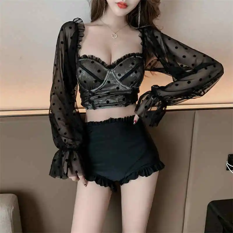 

Swimsuit female net red fairy fan 2020 sexy high waist cover belly slim thin lace long sleeve bubble hot spring bathing suit fem