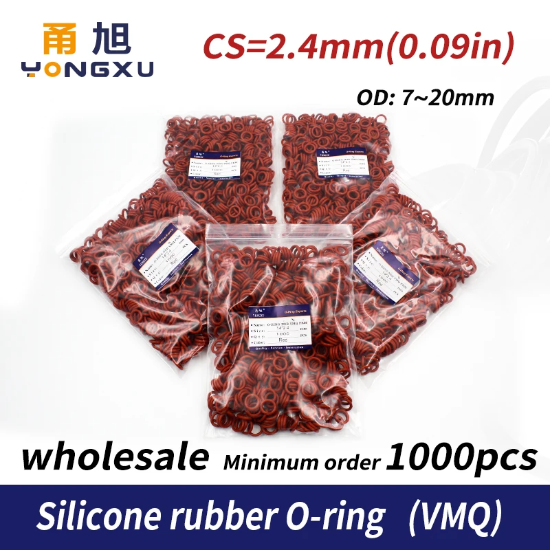 

1000PCS/lot Red Silicon wholesale O-ring VMQ CS2.4mm Thickness OD7/8/9/10/11/12/13/14/15/16/17/18/19/20mm O Ring Seal Rubber