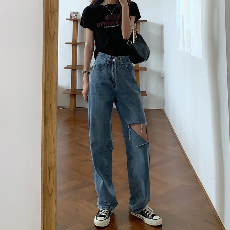 

Hyuna casual age reduction women's jeans high-waisted straight wide-legged thin loose trousers with holes in winter new style