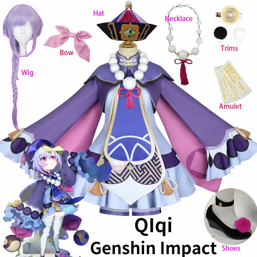 Project Qiqi Cosplay Costume Genshin Impact Zombie Girl Dress Hat Shoes Anime Wig Halloween Clothes Christmas Women Gilr | Тематическая