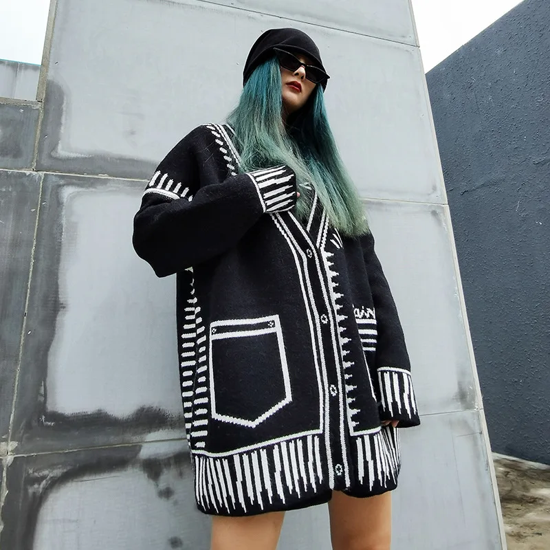 

New 2020 sweater knitted jacket women fall/winter loose thick fake pocket long sleeve pullover wool V-neck top