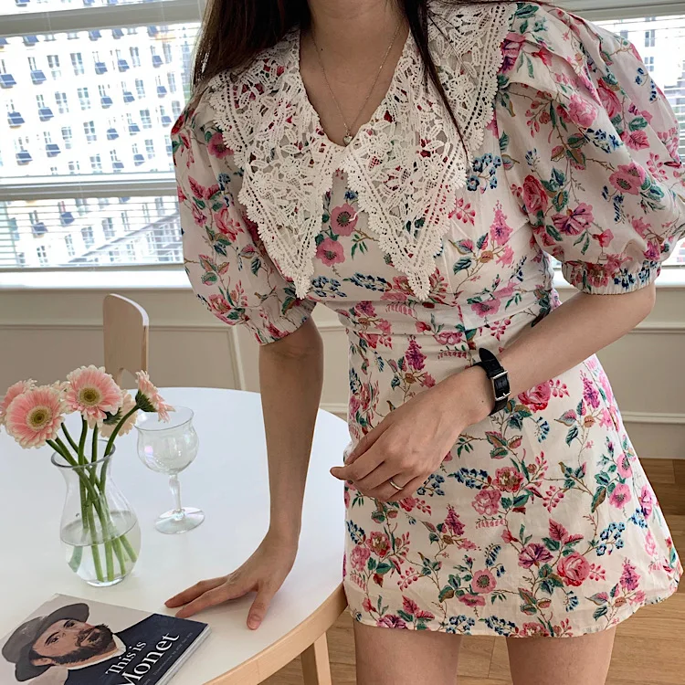 

COIGARSAM Floral Women dress Puff Sleeve Dresses Design And Color 9805