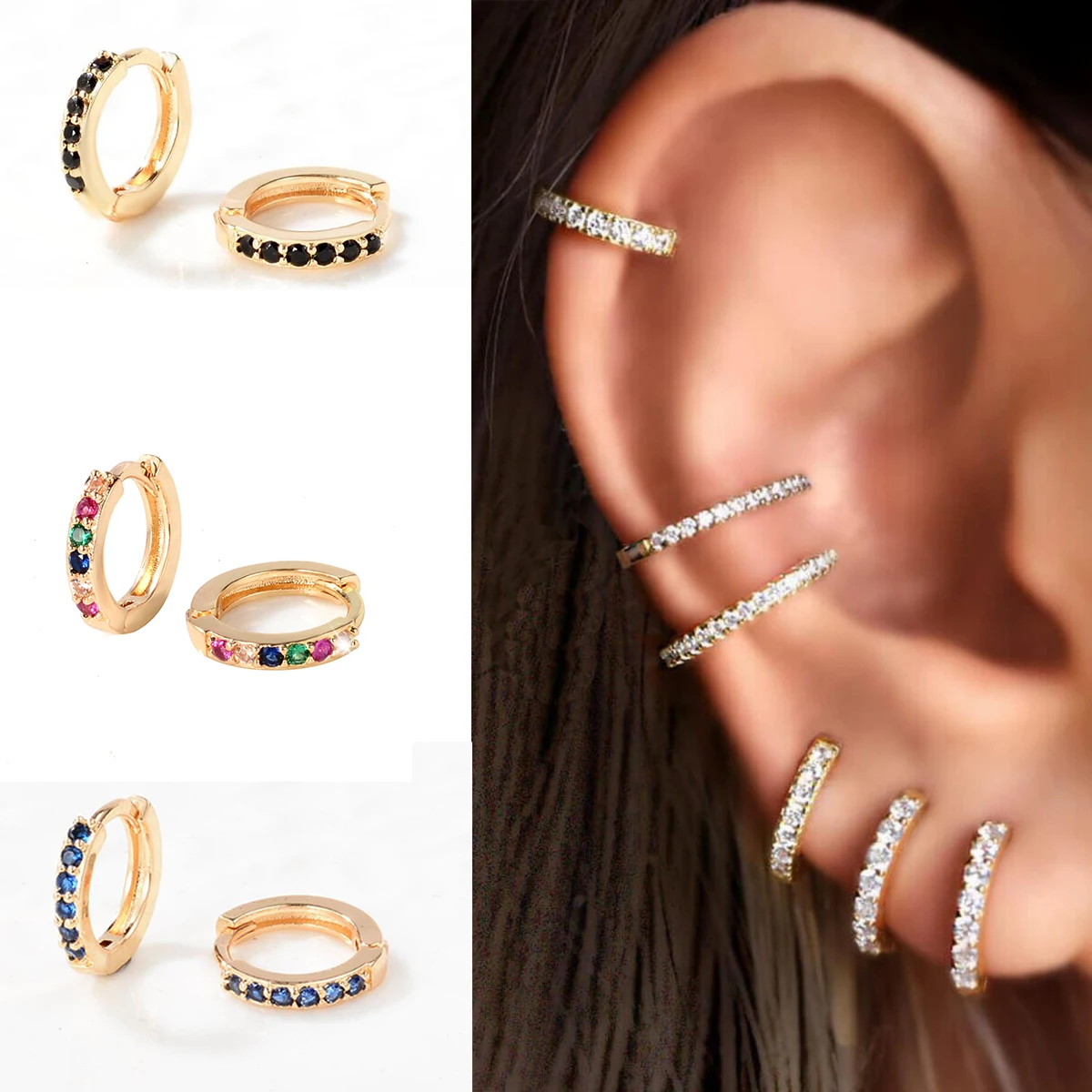 

4 pcs/set 8mm Rainbow Crystal Zircon Stud Earrings for Women Men Helix Cartilage Piercing Tiny Huggie Earring Round Earing
