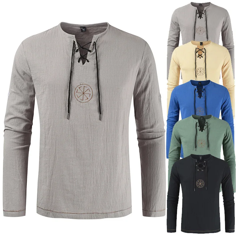 

Medieval costume Viking Pirate Linen Top Shirt Costume Renaissance Mens Nordic Retro T-shirt Beard Cosplay Tee Lace-Up For Adult