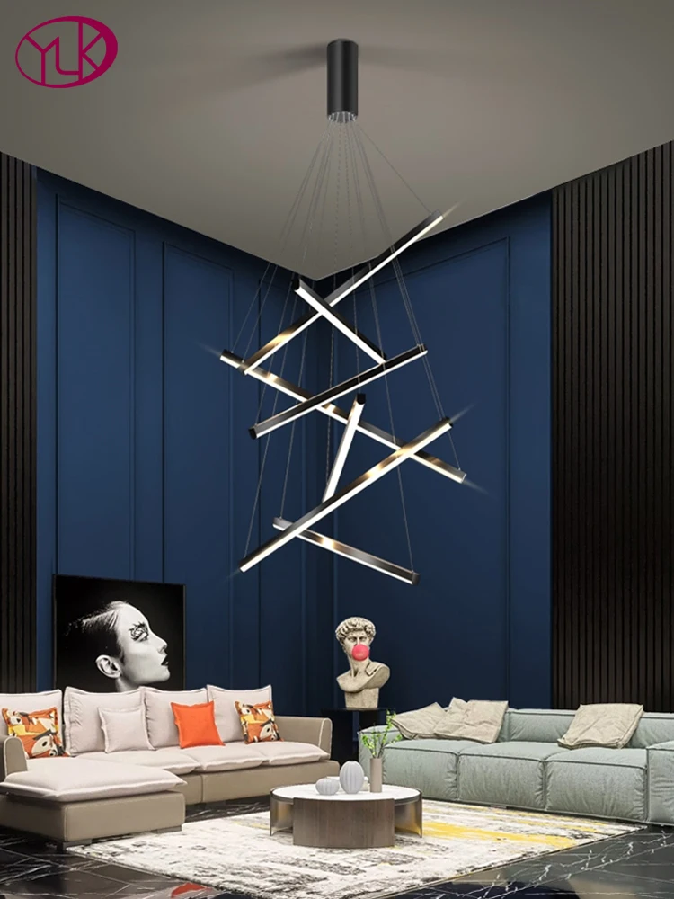 

Luxury black led chandelier for living room single design modern staircase suspension light fixture long home decor acrylic lamp