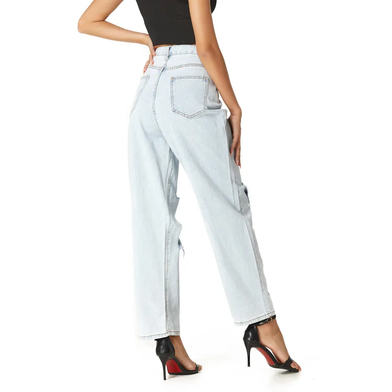 

2021 Summer Mid Waist Knee Ripped Hole Straight Leg Women's Jean