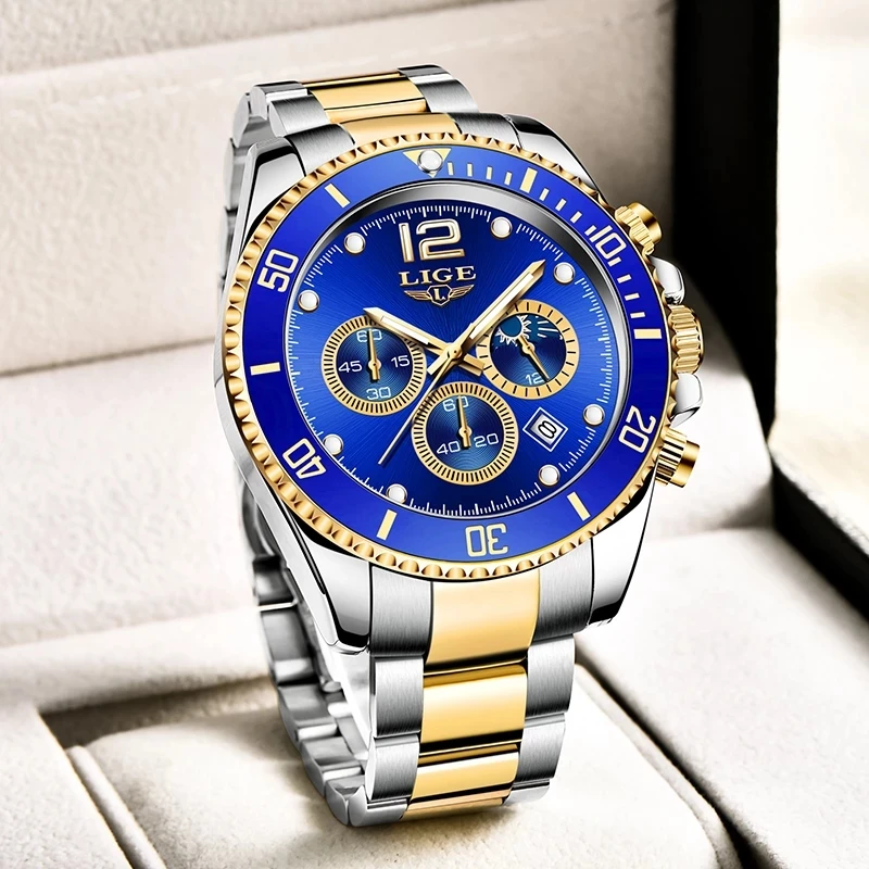 Часы наручные LIGE Мужские кварцевые с хронографом роскошные деловые