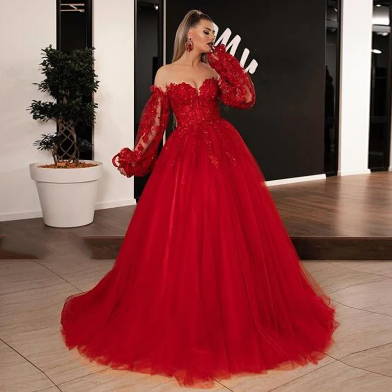 

Saudi Arabic Red Lace A-line Prom Gowns Off The Shoulder Full Sleeves Long Evening Gown Christmas Party Dresses Women Plus Size