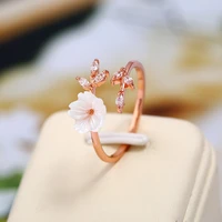 cute romantic flower engagement finger rings shiny crystal lovely small shell leaves rose gold female opening wedding ring gifts