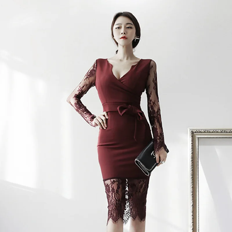 

2021 Korean Version Autumn New Women's Clothing V-Neck Pleated Slim Printed Pencil Dress Long-Sleeved Mini Dresses