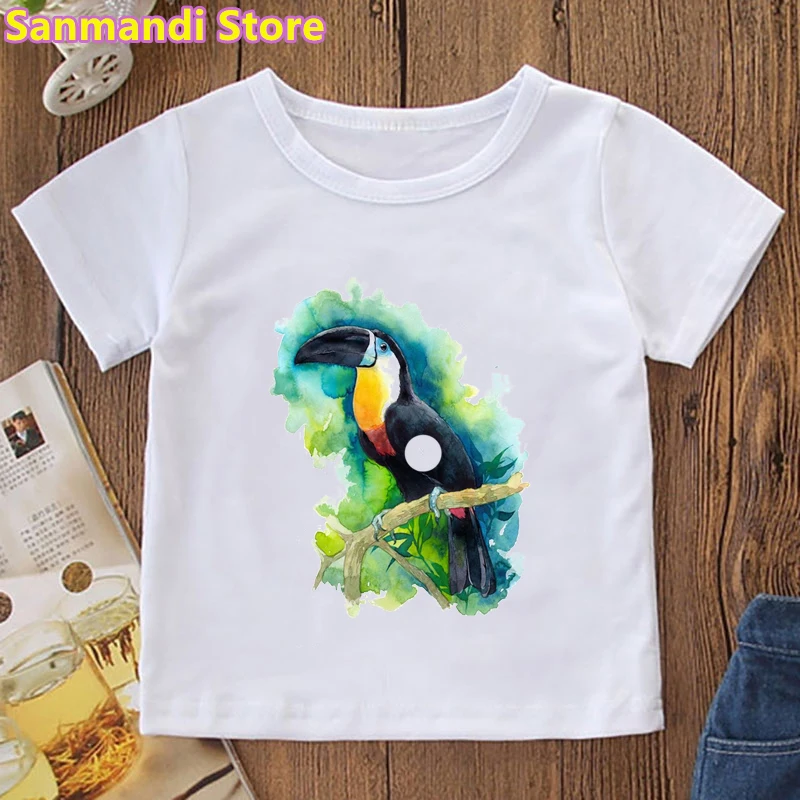 

Toucan Watercolor Print T-Shirt Tops For Girls/Boys Bird Love Children'S Clothing Summer Fashion White Tshirt Harajuku Shirt