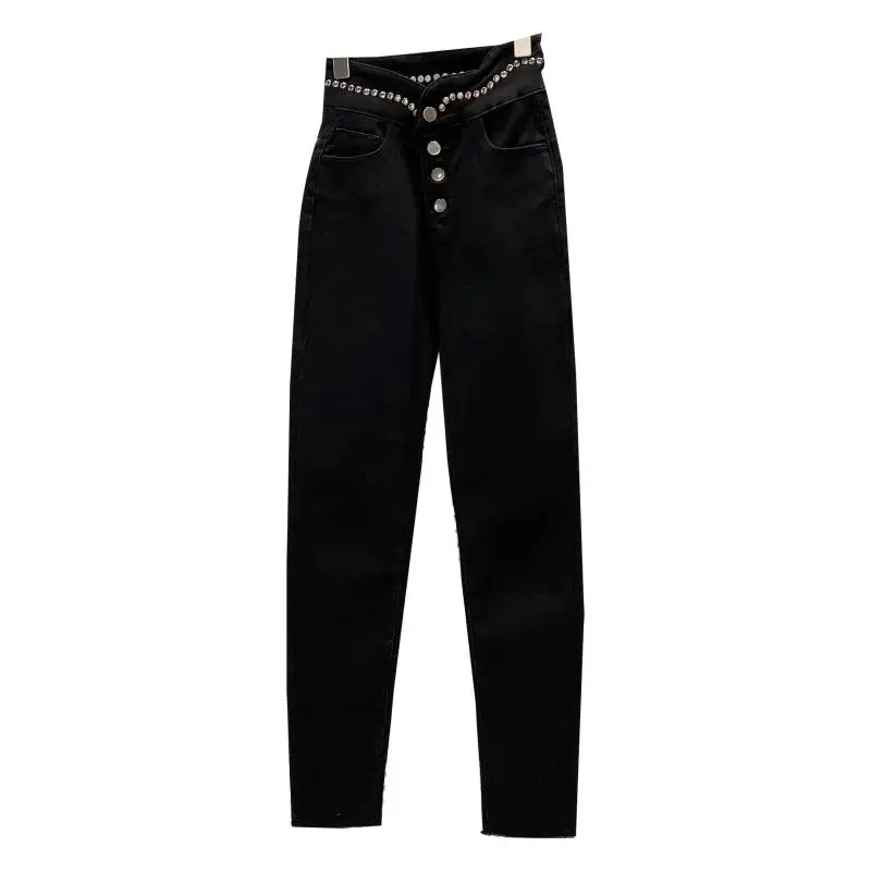 

2021 Autumn New Rivet Beaded High Waist Elastic Slim Plus Velvet Pencil Pants Black Jeans Women Denim Trousers Female