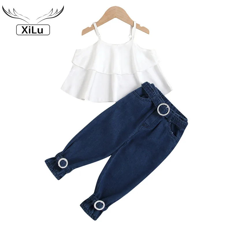 

Girls' Ruffled White Suspender Top + Personalized Two-piece Jeans Toddler Girl Summer Clothes 2021 Kids Clothes Girls Outfits