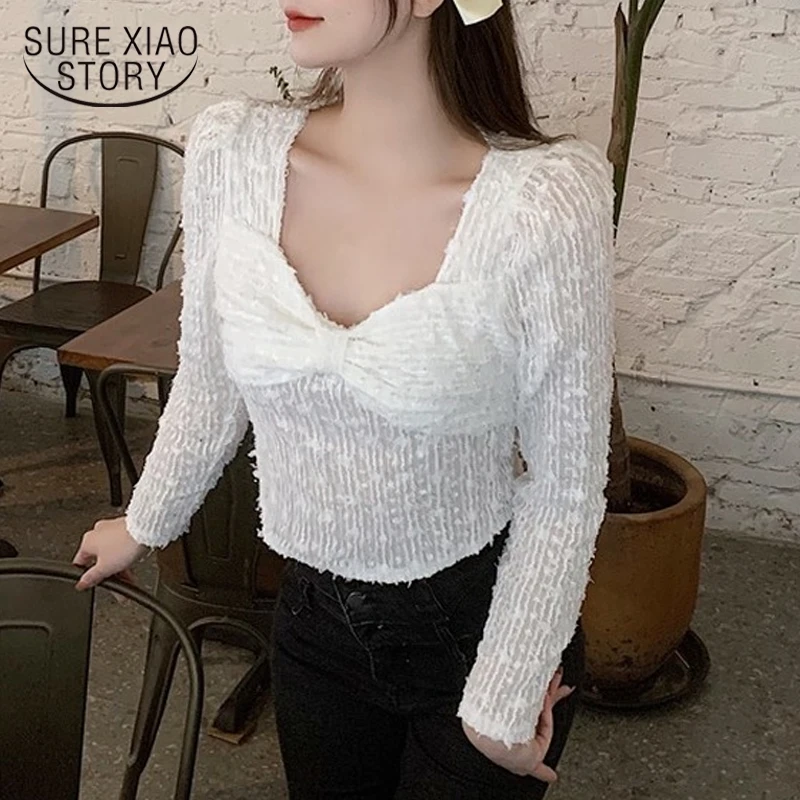 

French Retro Square Collar Spring New Chiffon Short Top Korean Sweet Lace White Shirt Women Long Sleeve Elegant Blouse 13301
