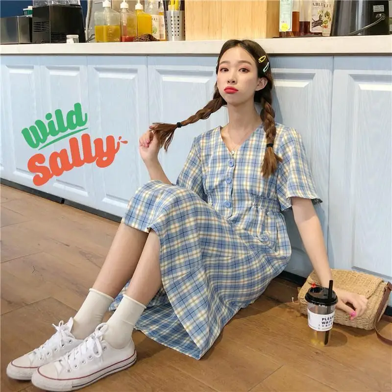 Платье женское клетчатое с V образным вырезом и коротким рукавом|Женские платья| |