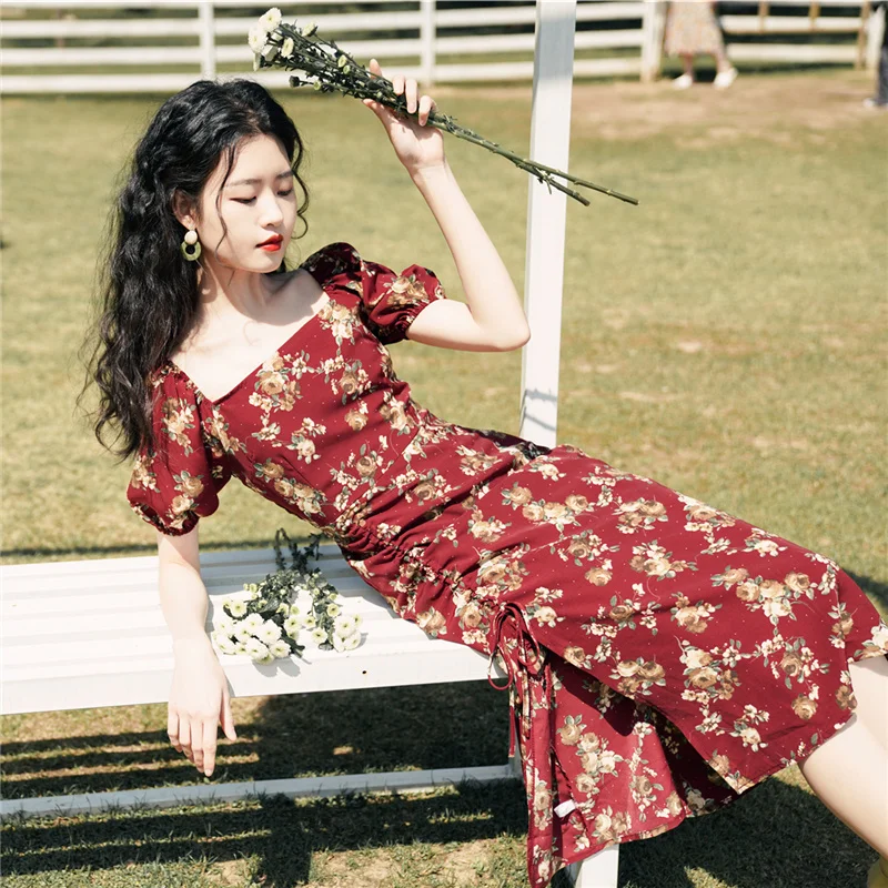 

Early Autumn French Korean Floral Fairy Style Square Collar Dress Long Summer Dress