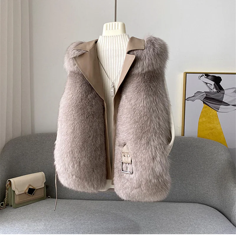FURSARCAR Genuine Motorcycle Leather Fur Vest Real Natrual Fox Fur Women Winter Waistcoat Sheep Skin Whole Skin Fox Fur Gilet