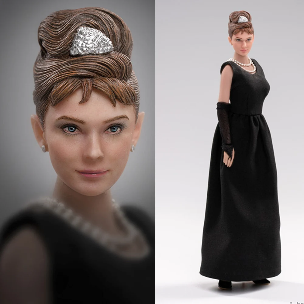 

In Stock 1/12 Scale Audrey Hepburn Female Head Sculpt Model Black Evening Dress Clothes Set Model for 12'' Body