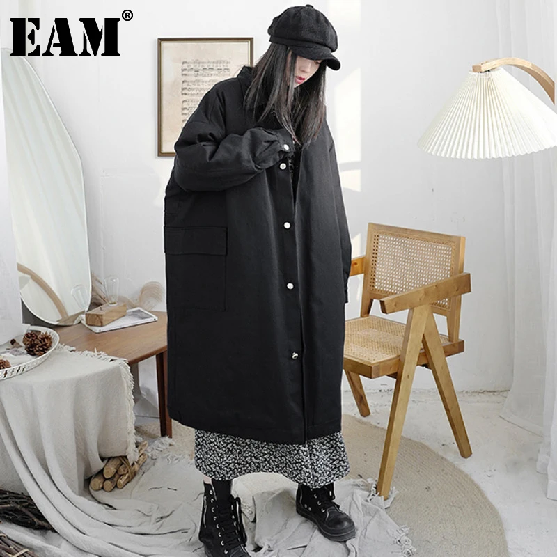 

[EAM] Большой размер, с карманами, толстое длинное пальто с хлопковой подкладкой, с отворотом, с длинным рукавом, свободные женские парки, модн...