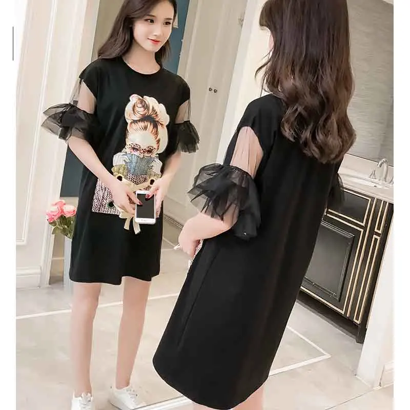 

One-Piece Korean Dress 2020 New Spring Summer Women'S Dress Mesh Patchwork T-Shirt Dress Fashion Streetwear Print Mini Dresses