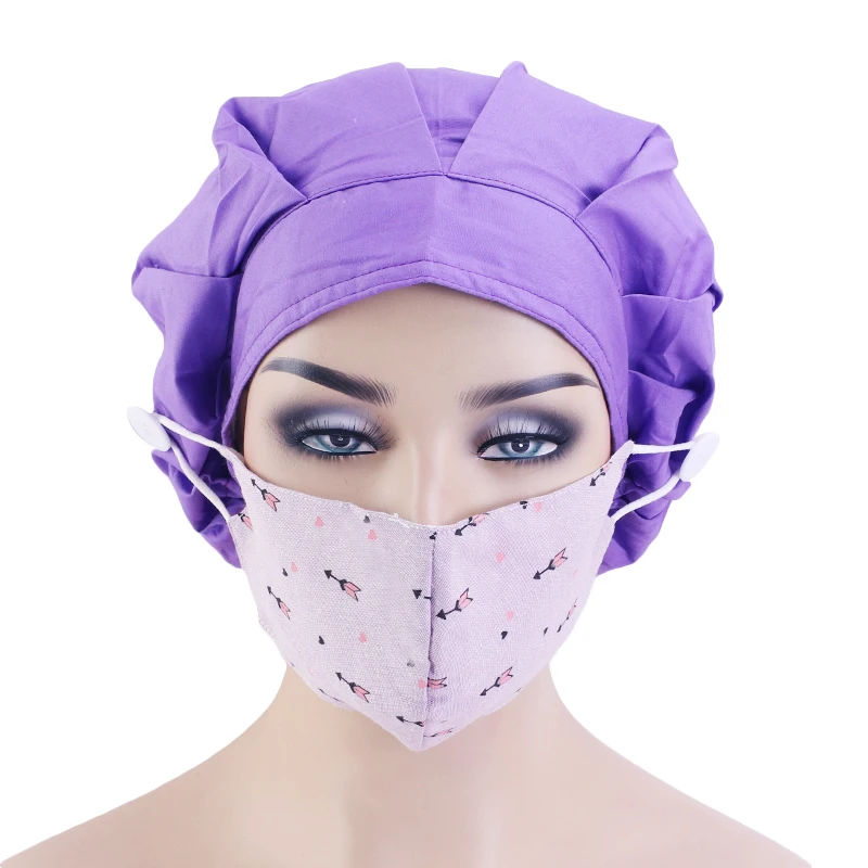

New Soft Cotton Scrub Hat For Nurse Adjustable Bouffant Caps with Button and Sweatband Working Hat Breathable Bonnet For Ladies