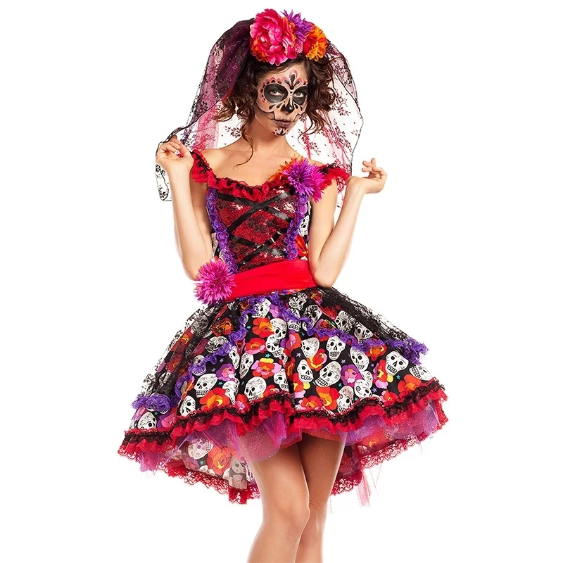 

Halloween Women Costume Mexican Day of The Dead Horror Zombie Skull Costume Party Flower Fairy Ghosts Bride Cosplay Dress Free