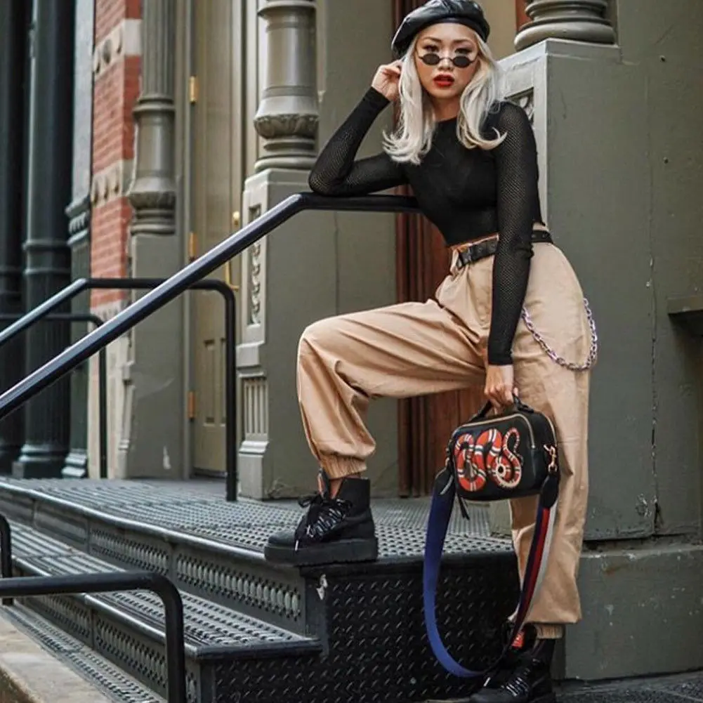 

Fashion Cool Women Stretch Waist Military Army Camouflage Camo Cargo Trousers Casual Harem Hip Hop Pants With Chain