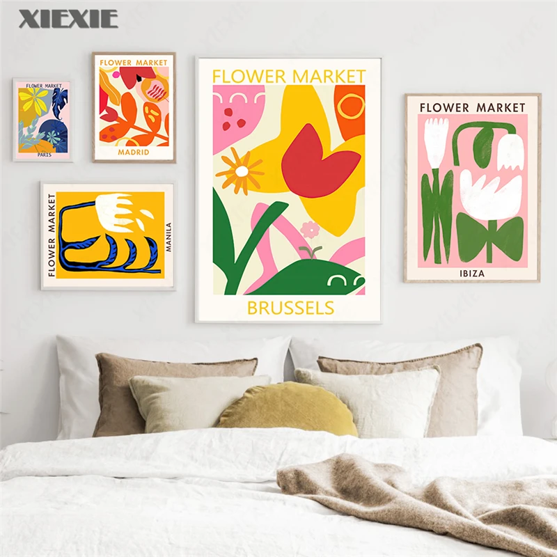 

Nordic Posters and Prints Abstract Flower Market Leaf Illustration Canvas Painting Wall Art Pictures for Living Room Home Decor