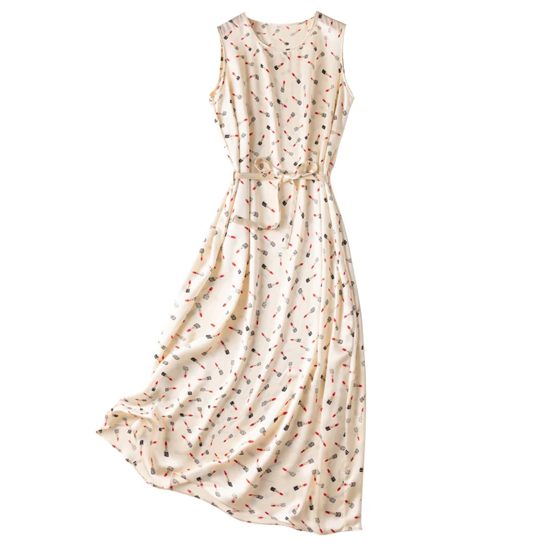 

SHUCHAN Tank Dress Women 100% Natural Silk Lipstick Print Sashes Back To The Basics Mid-Calf Summer Sleeveless