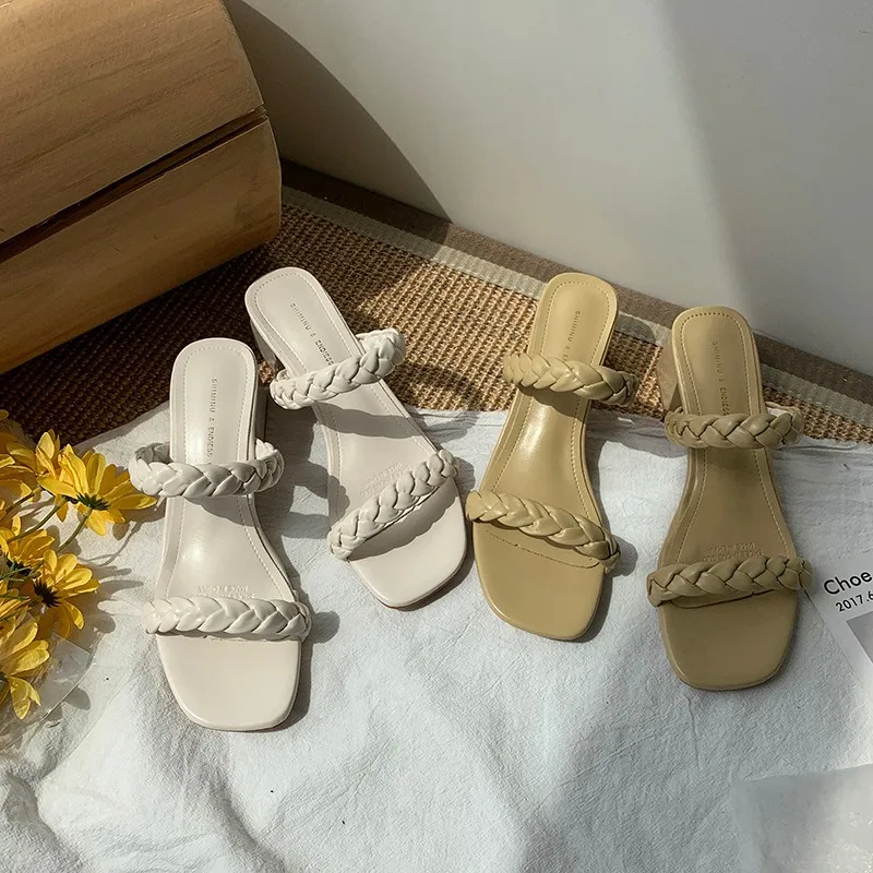 

Fashion Summer Women Casual Sandals Non-slip Comfortable Ladies Shoes Braided Leather Outdoor Shoes Female High Heels Slippers