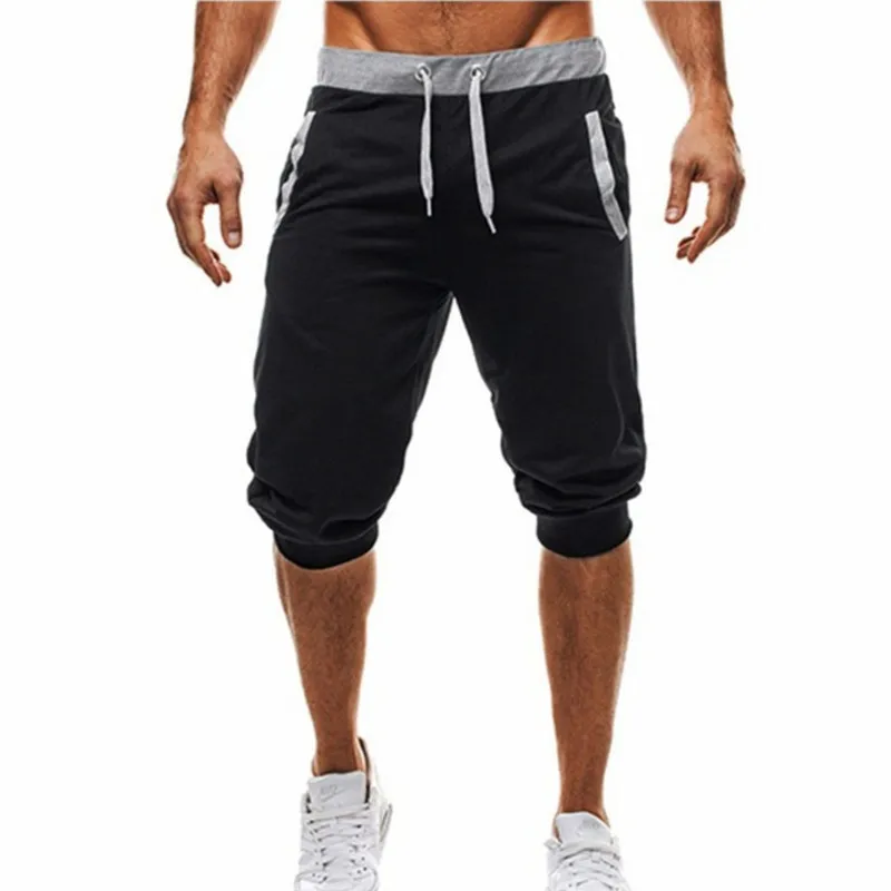 

2021 men's printed casual soft cotton five-quarter pants with pockets bodybuilding jogging pants